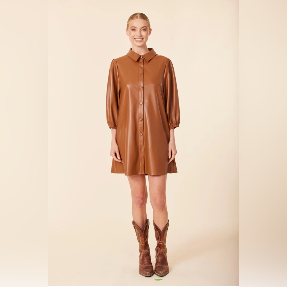 Dolce Cabo Tobacco Brown Vegan Leather Puff Sleeve Mini Dress Size L
